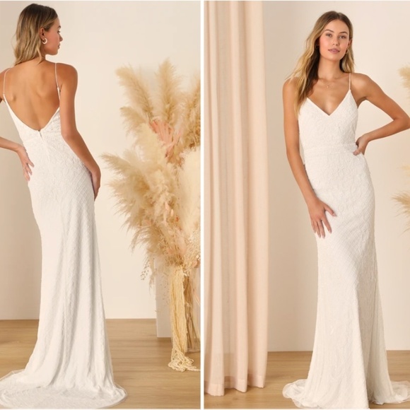 LULUS Bridal Wedding Elegant Sophisticated STUNNING Floral Beaded Mermaid Gown - Picture 3 of 10